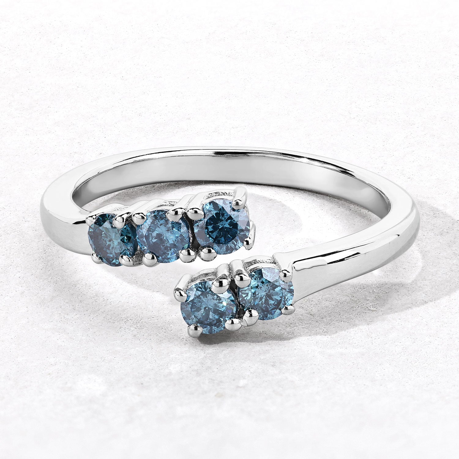 0.48 Cttw Round Teal Blue Diamond Rhodium Plated Silver Bypass Open Cuff Ring