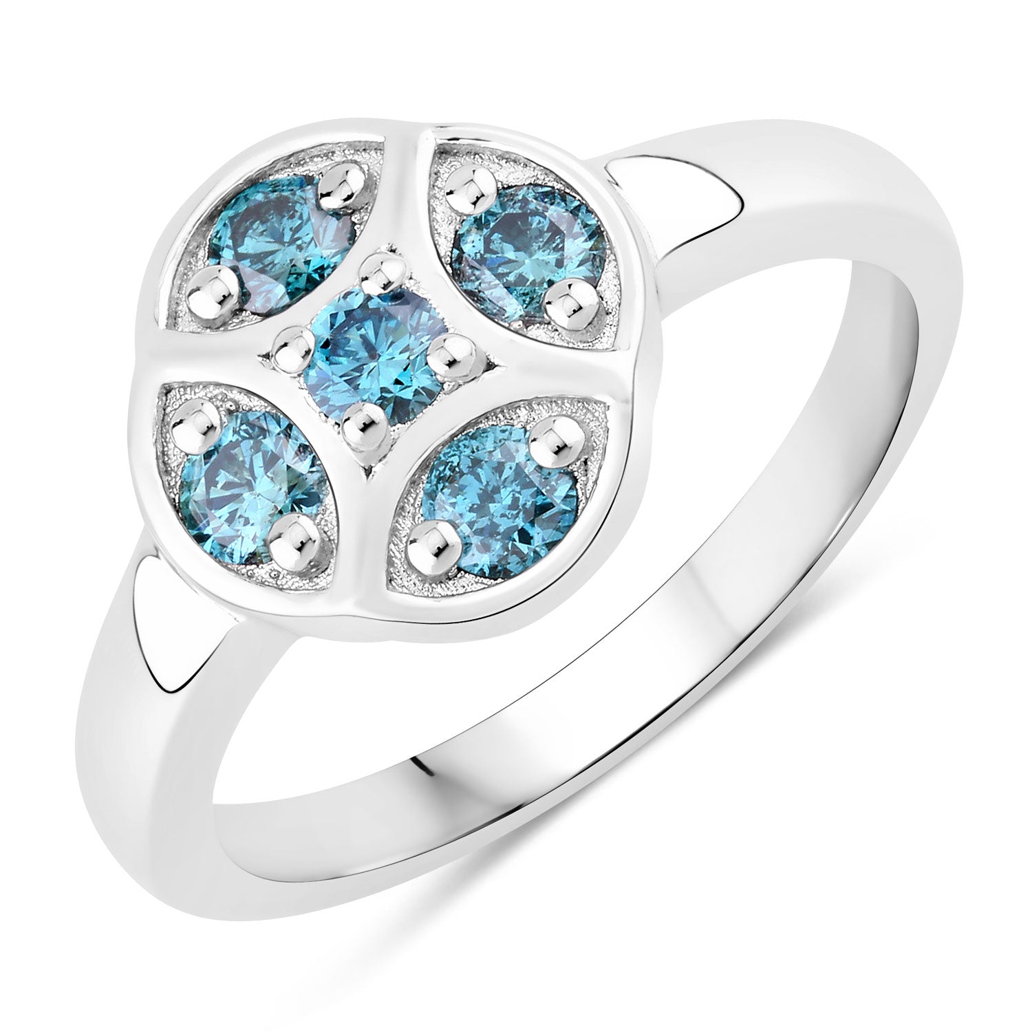 0.48 Cttw Round Teal Blue Diamond Rhodium Plated Silver Disc Cluster 5 Stone Ring