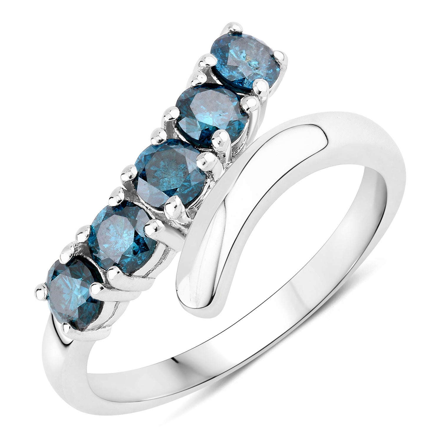 1.01 Cttw Round Teal Blue Diamond Rhodium Plated Silver Five Stone Bypass Ring