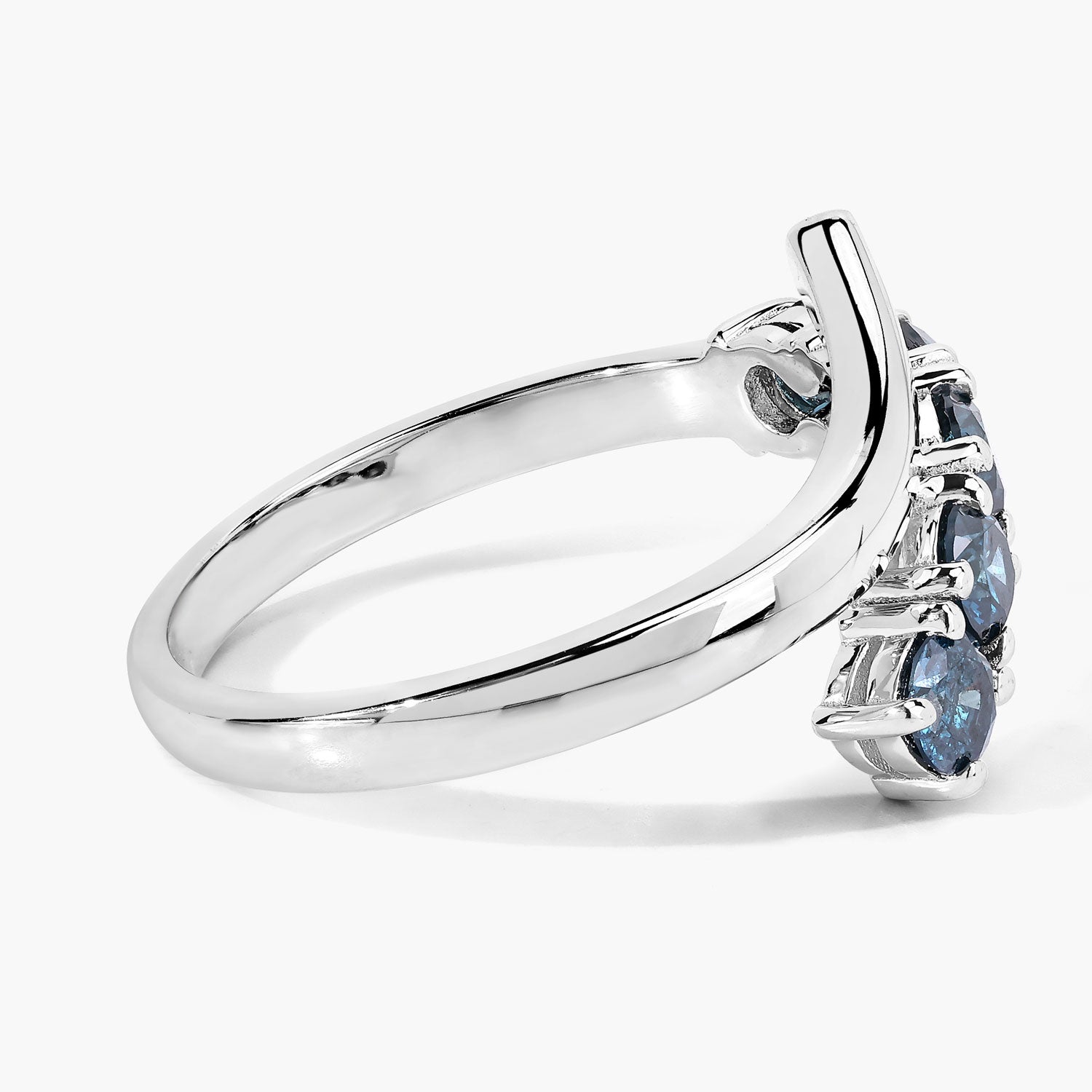 1.01 Cttw Round Teal Blue Diamond Rhodium Plated Silver Five Stone Bypass Ring