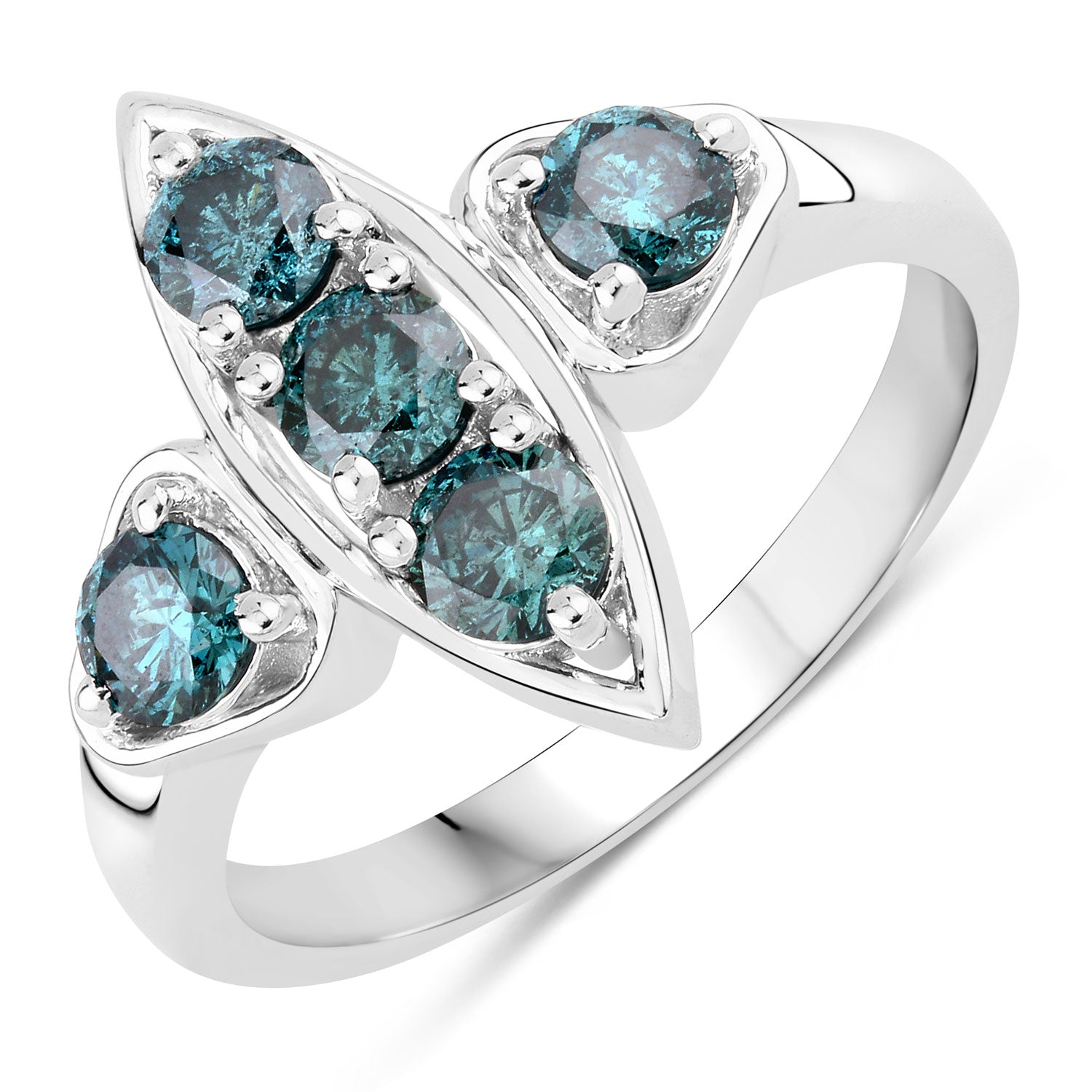 1.01 Cttw Round Teal Blue Diamond Rhodium Plated Silver Marquise Cluster Ring