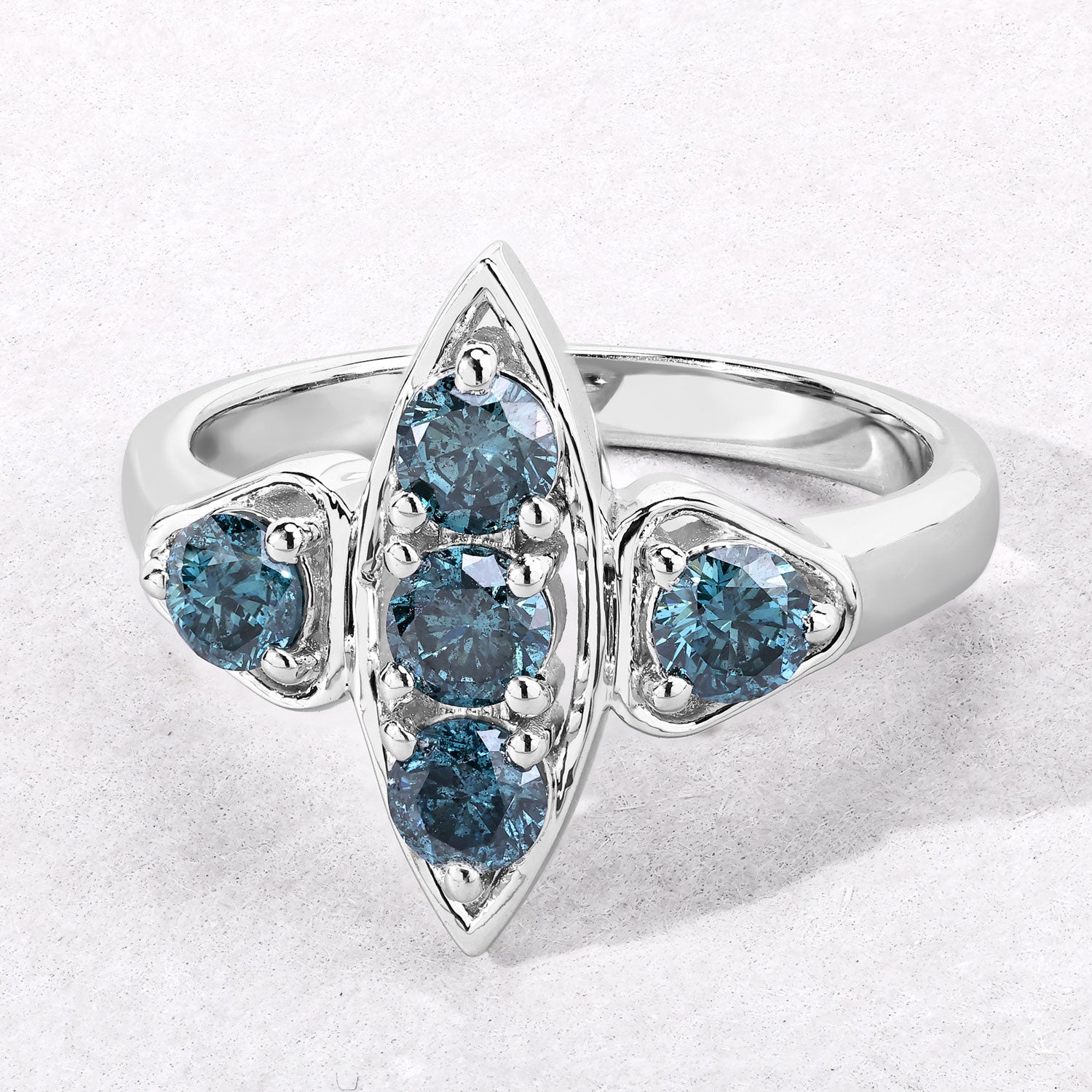 1.01 Cttw Round Teal Blue Diamond Rhodium Plated Silver Marquise Cluster Ring