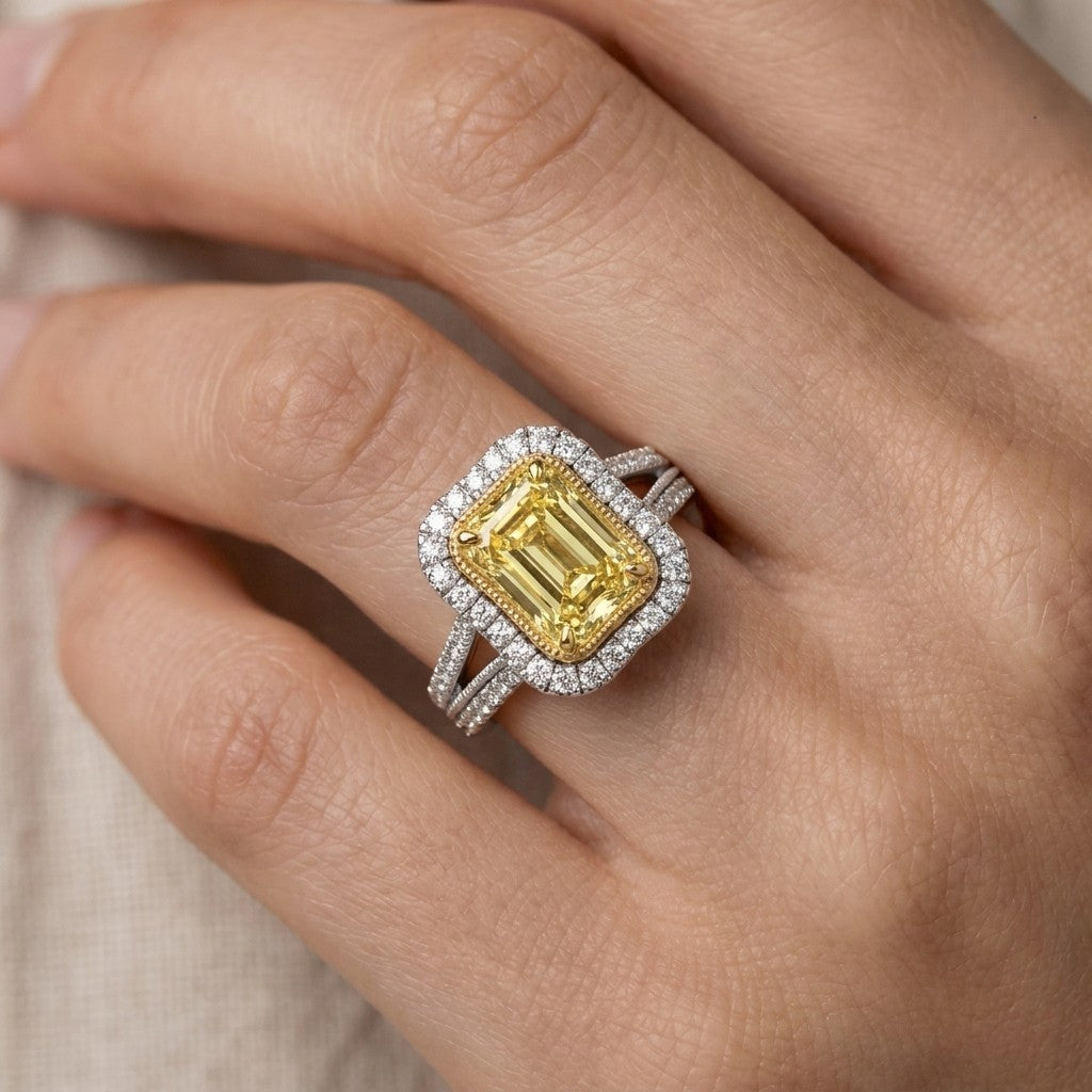 2.5Cttw Radiant Shaped Fancy Yellow Lab Grown Diamond (F/VS) Split Shank Engagement Halo Ring 14K Gold