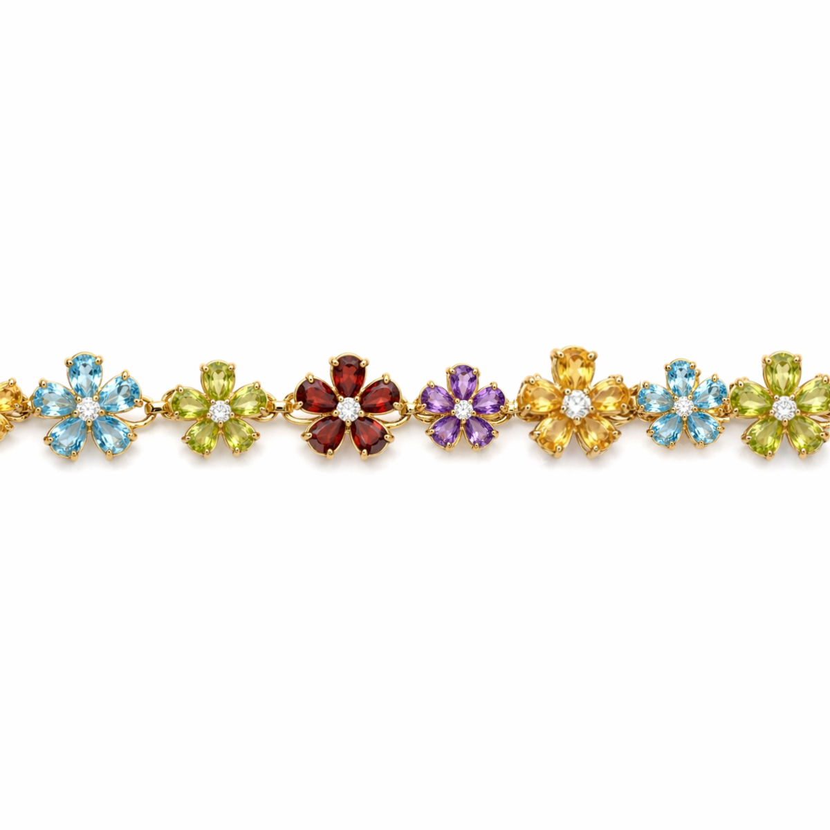 20.9 Ct Multi Gemstone Prong Yellow Gold Over Silver Floral Tennis Bracelet