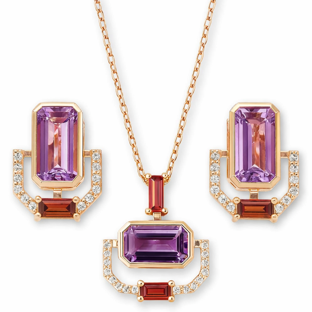 Rose Gold Emerald Cut Natural Amethyst Silver Jewelry Set