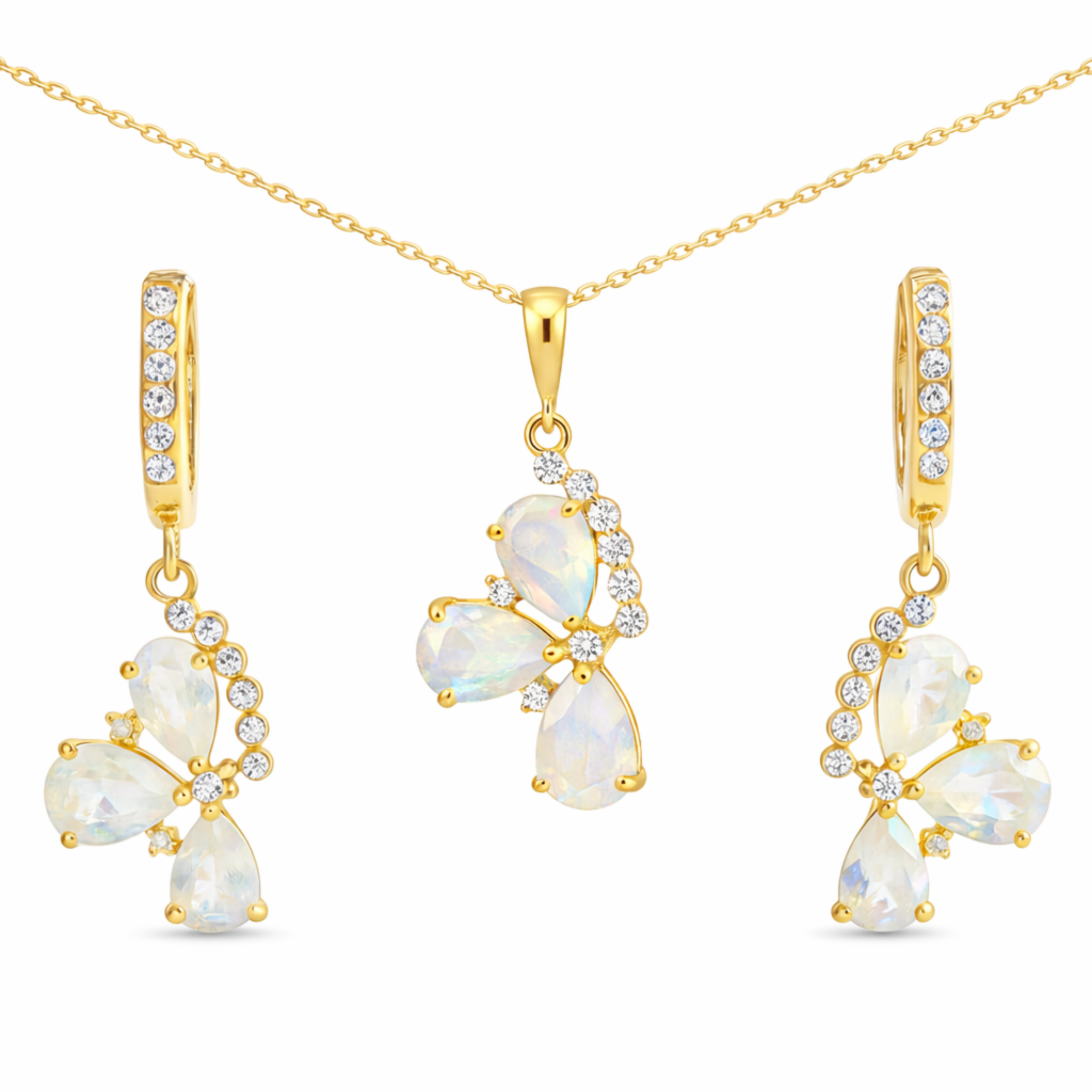 Natural Pear Rainbow Moonstone Sterling Silver Jewelry Set