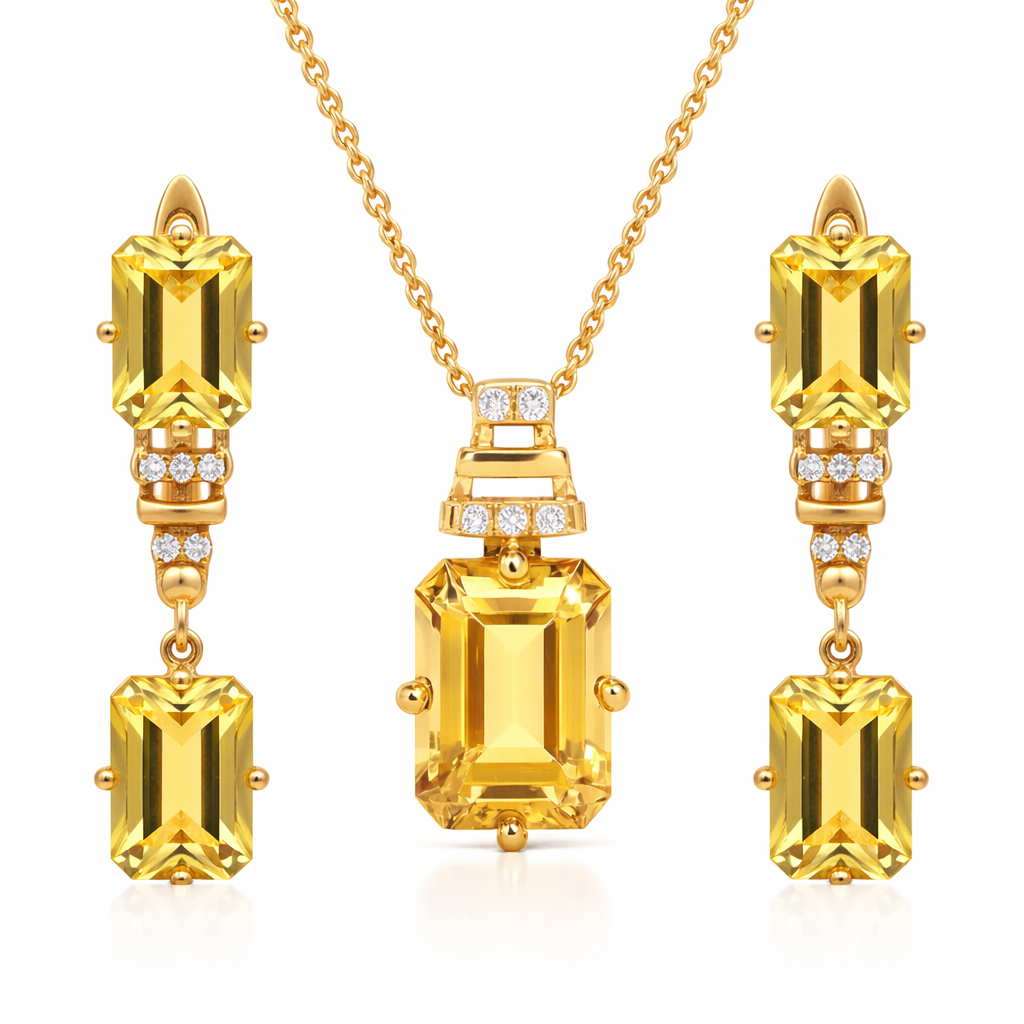 Natural Citrine Octagon Silver Drop Jewelry Set