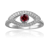 Garnet evil eye ring, garnet protection ring, good fortune ring, garnet and moissanite ring with sterling silver plating