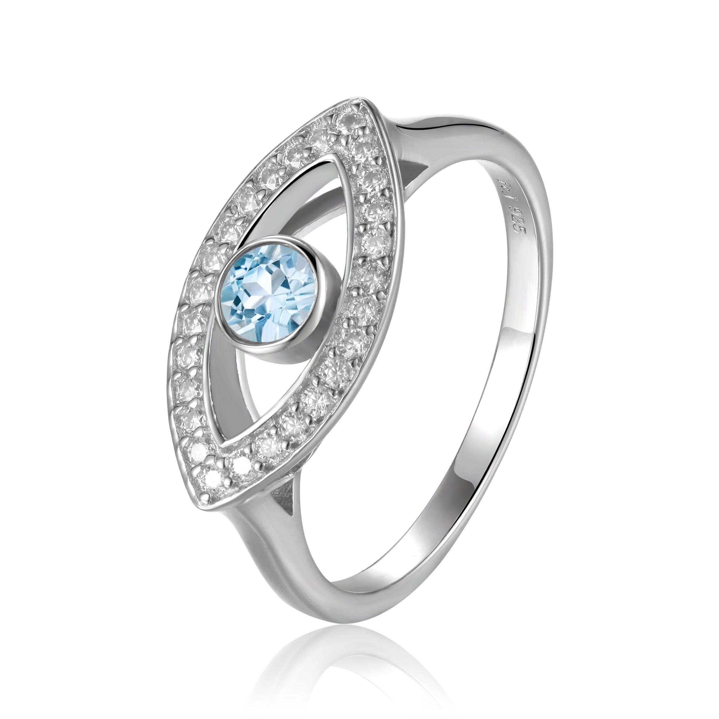 Natural Blue Topaz Evil Eye Ring with Moissanite Accents - FineColorJewels