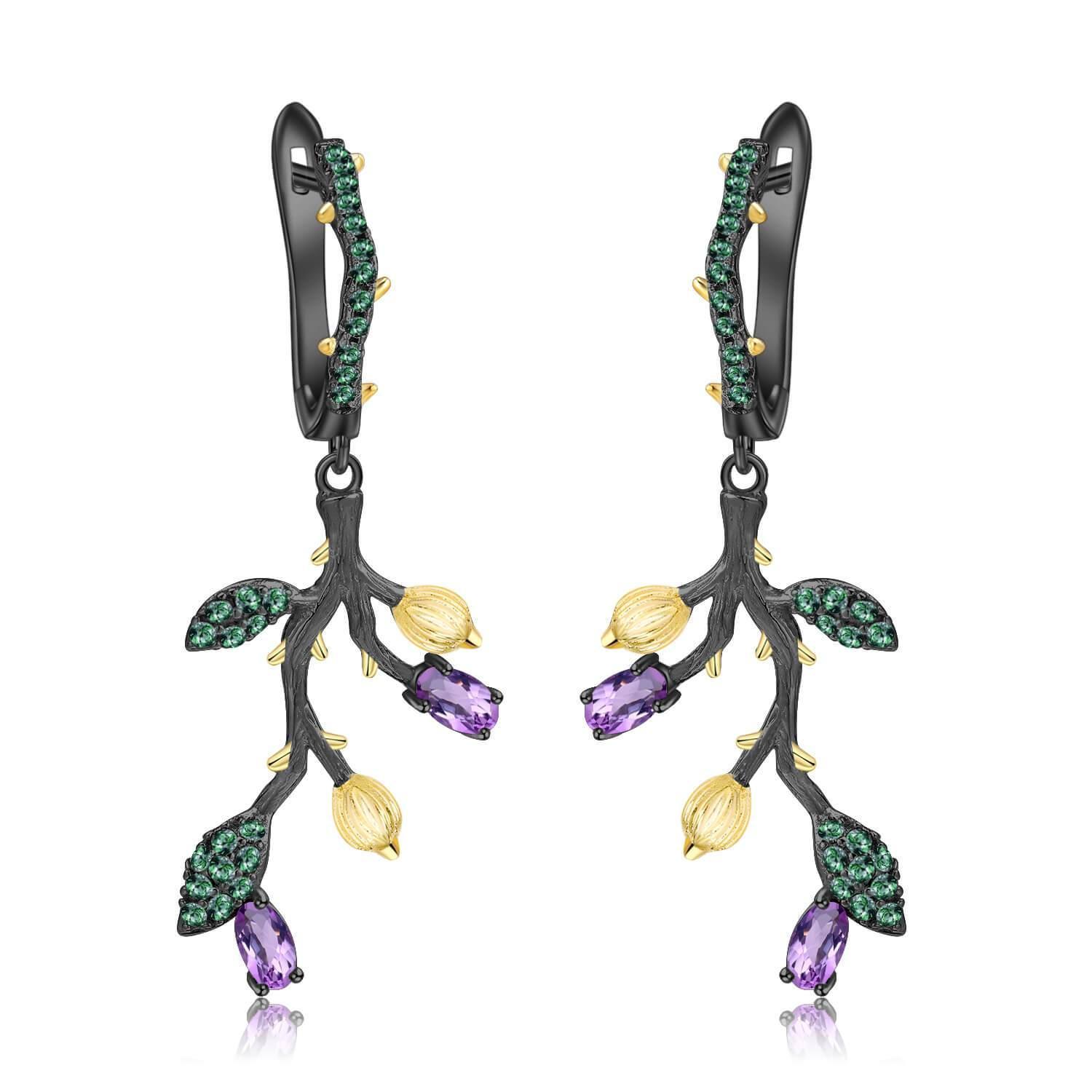 Artisan Amethyst Nature Inspired Earrings.
$ 50 - 100, Amethyst, Purple, Oval, 925 Sterling Silver, Dangle