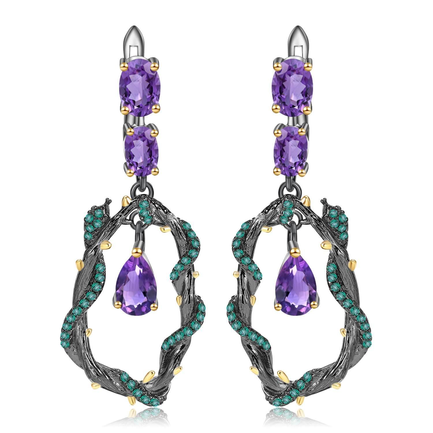 Exotic Nature Inspired Amethyst Earrings.
$ 50 - 100, Amethyst, Purple, Oval, 925 Sterling Silver, Drop, Dangle, Hoop