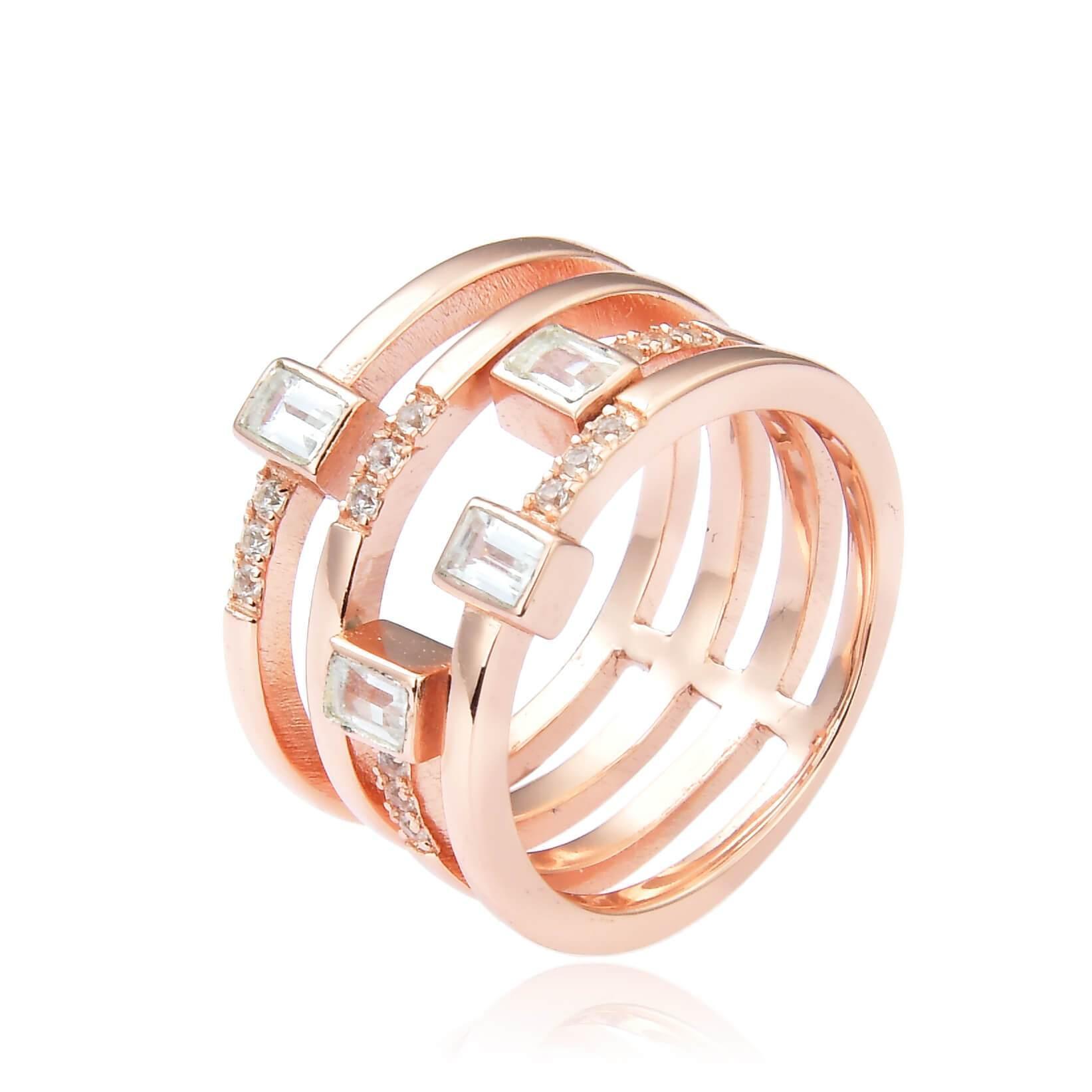 Solid Baguette White Topaz Rose Gold Plated Sterling Silver Ring with White Sapphire