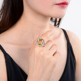 Model in citrine ring, citrine emerald cut ring, rectangle cut ring for women