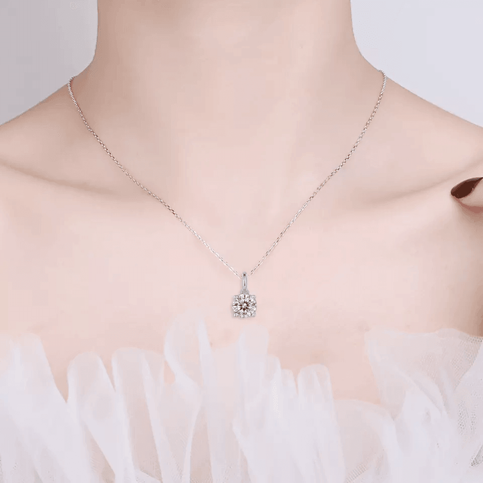 model showcasing White Solitaire Pendant Necklace Moissanite Minimalist Necklace - FineColorJewels