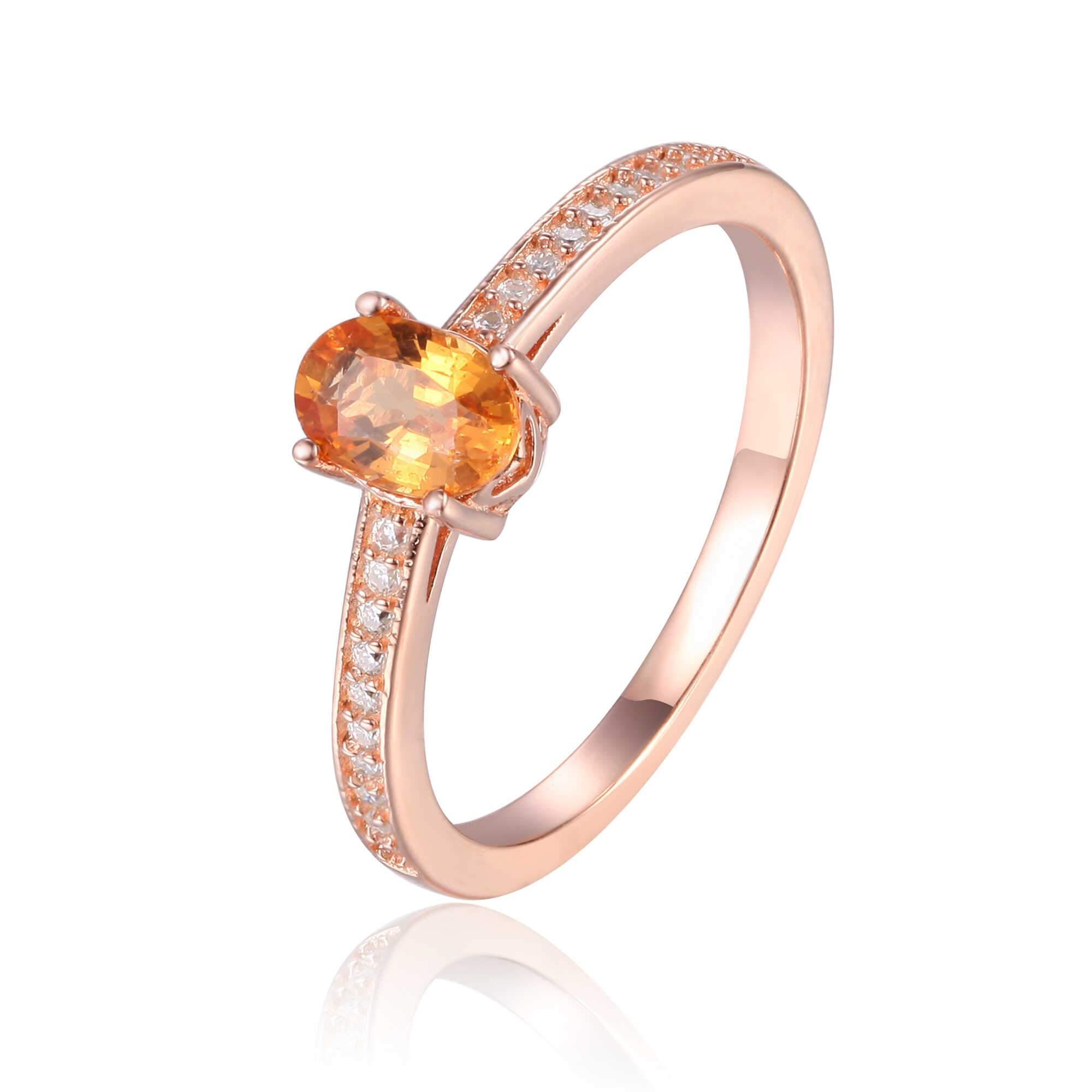 Sterling Silver Oval Shaped Spessartite Garnet Solitaire Ring, Spessartite Garnet Solitaire Ring with Accents