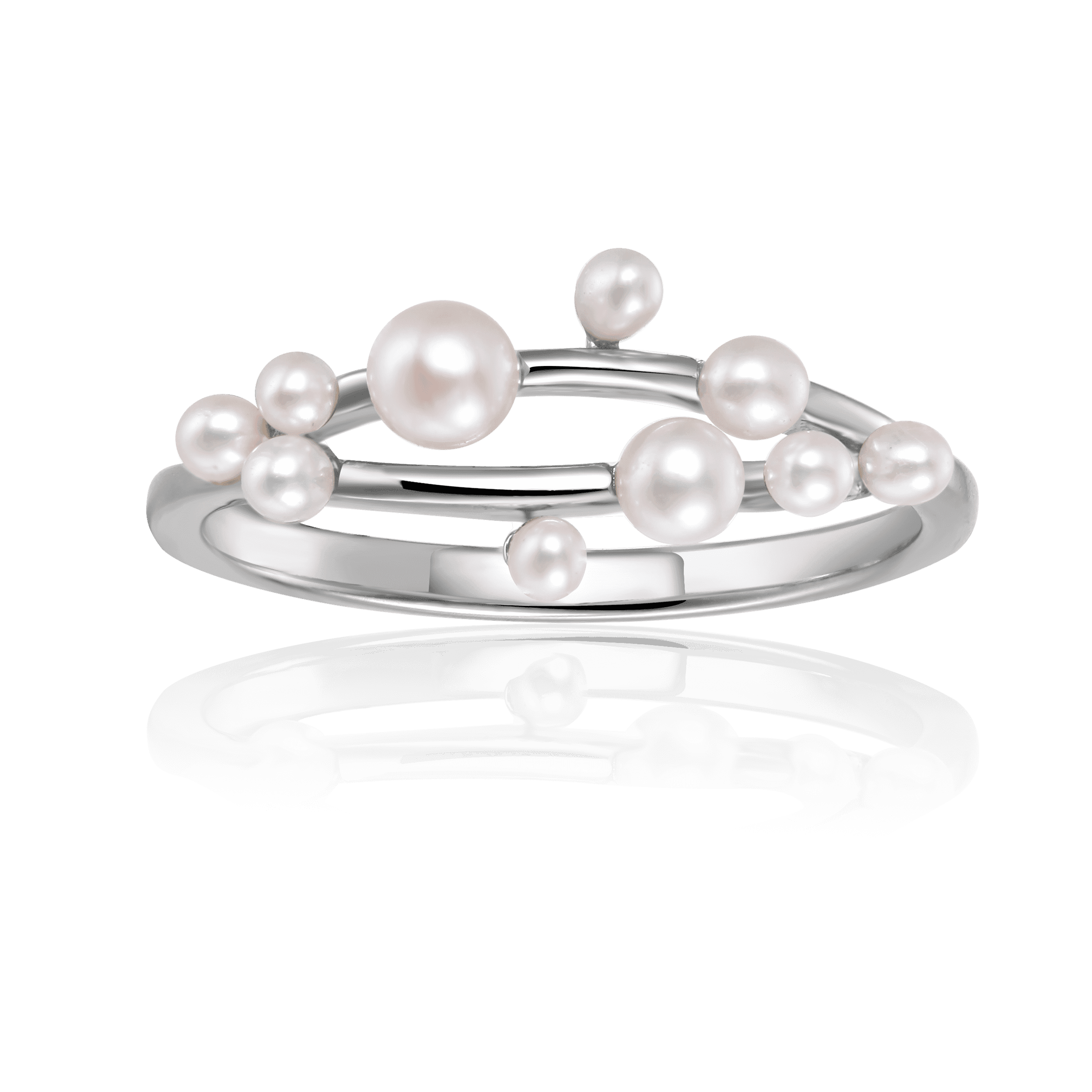 Dainty Cluster Pearl Ring In Rhodium Plated Sterling Silver