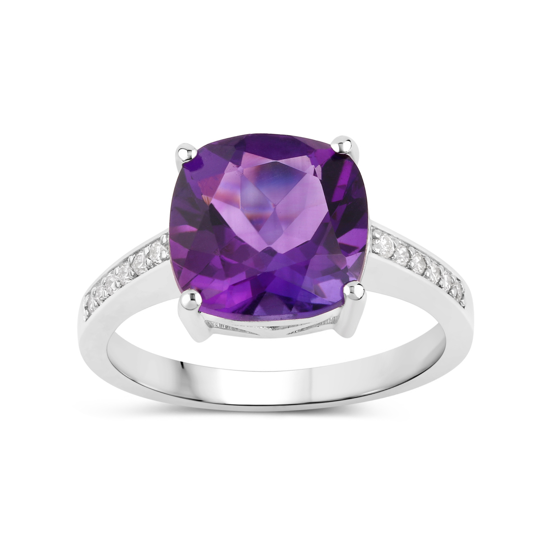 Natural Amethyst and Lab Diamond Cushion Cut Ring