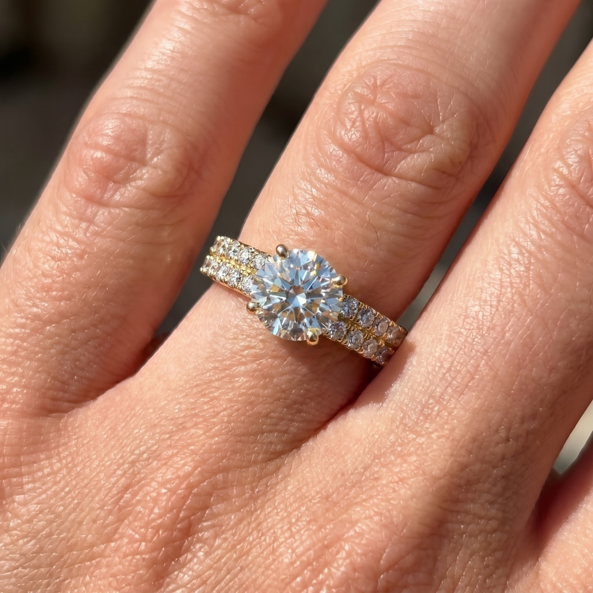 1.30 CTTW Round Gemstone Pav Diamond Double Row Band 14k Yellow Gold Engagement Ring