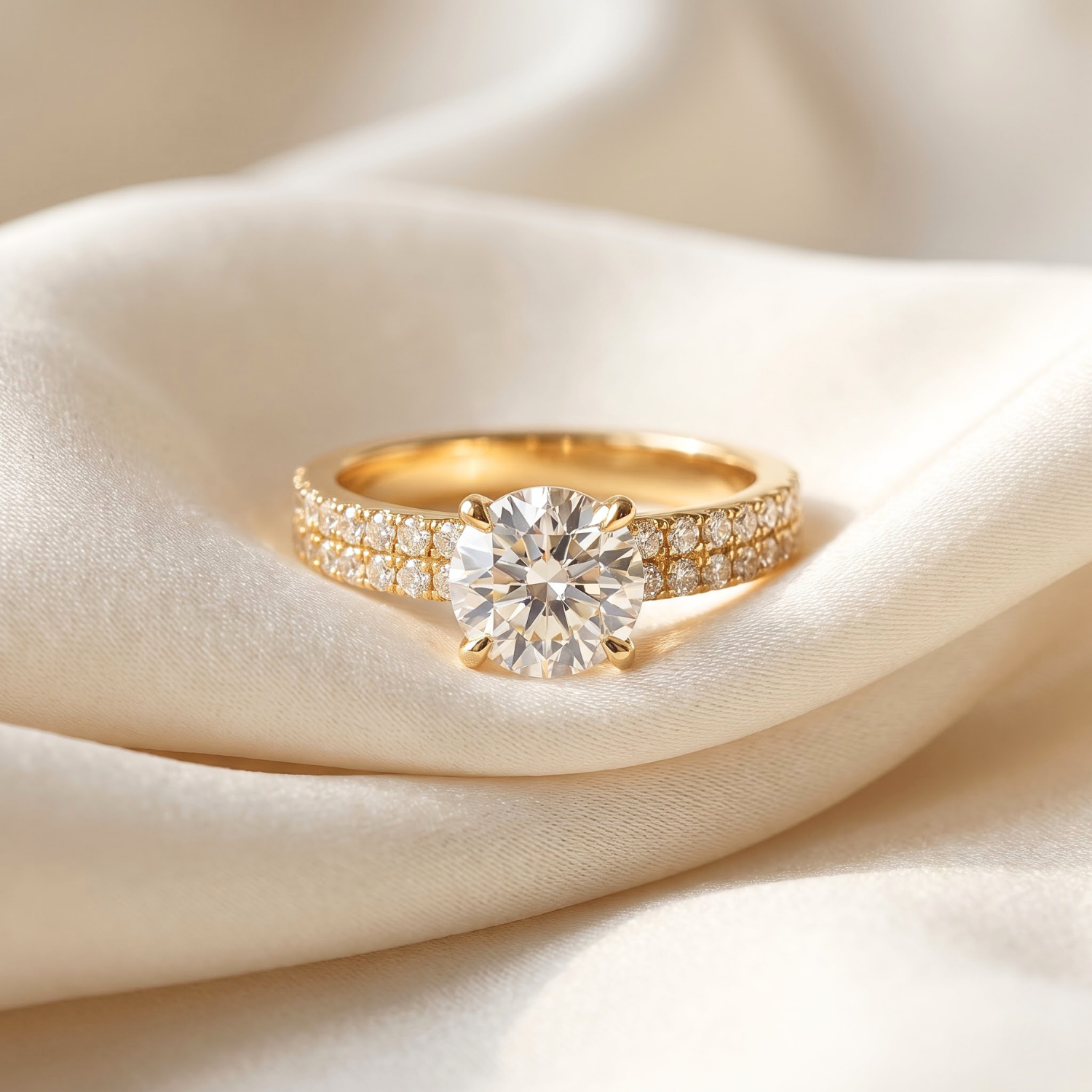 1.30 CTTW Round Gemstone Pav Diamond Double Row Band 14k Yellow Gold Engagement Ring