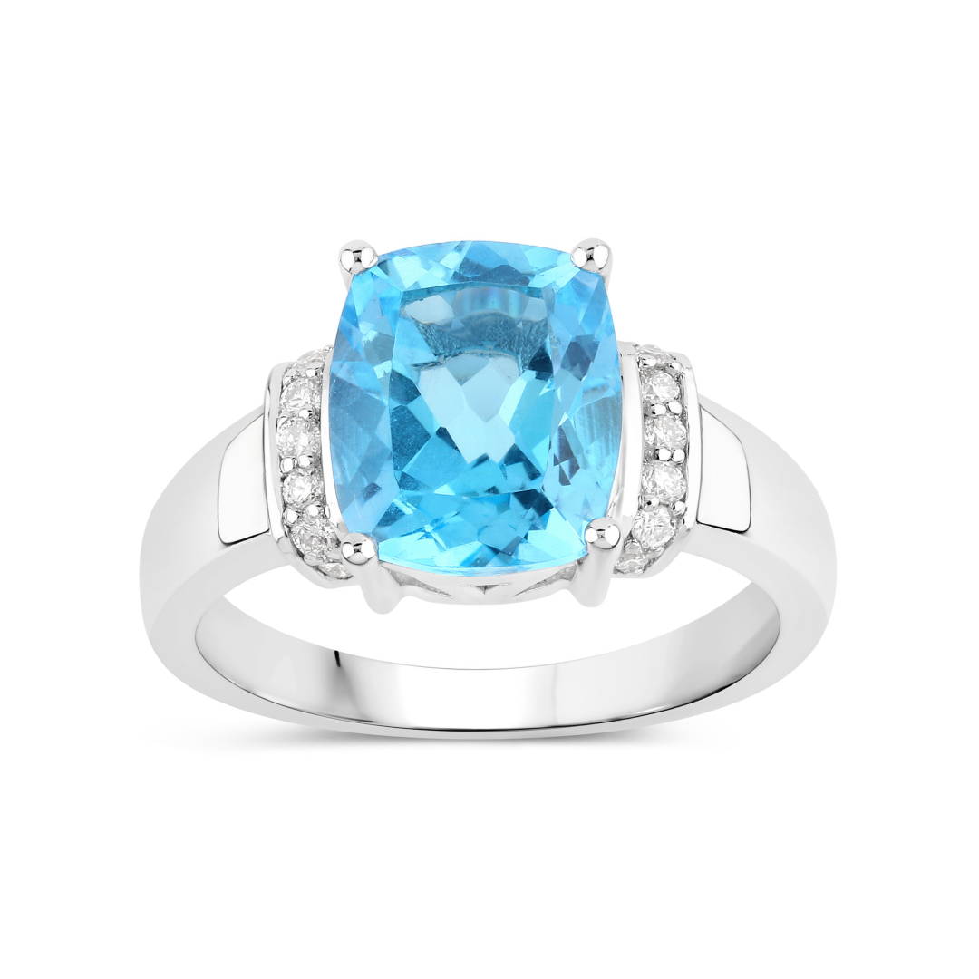 Natural Swiss Blue Topaz and Diamond Cushion Cut Ring