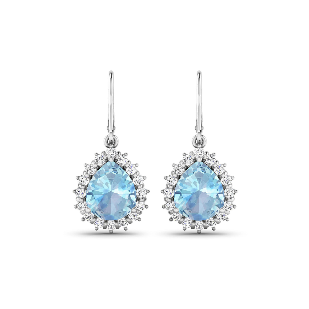 Genuine Aquamarine and Diamond Teardrop Halo Earrings