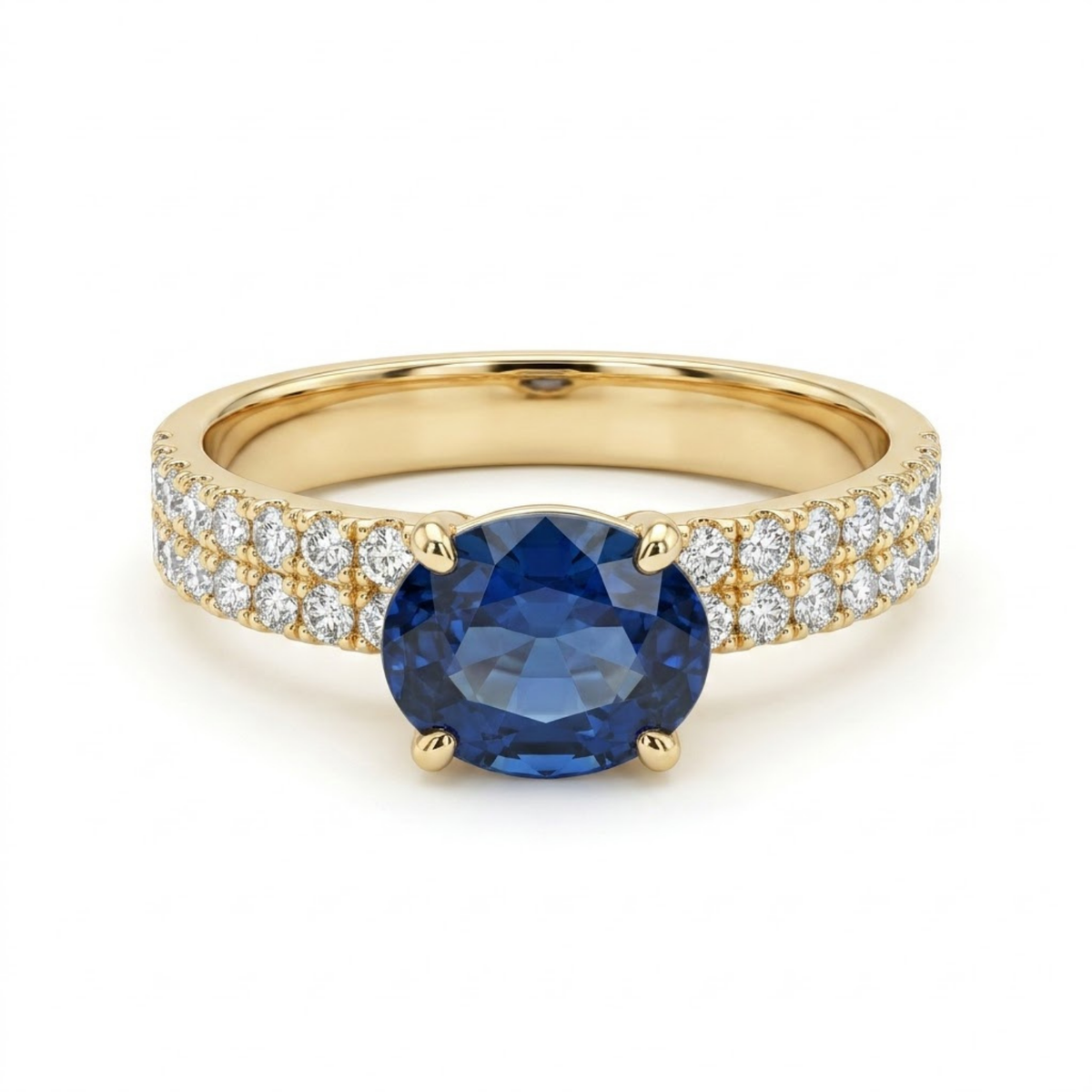 1.46 CTTW Oval Gemstone Double Row Pave Band 14k Yellow Gold Engagement Ring