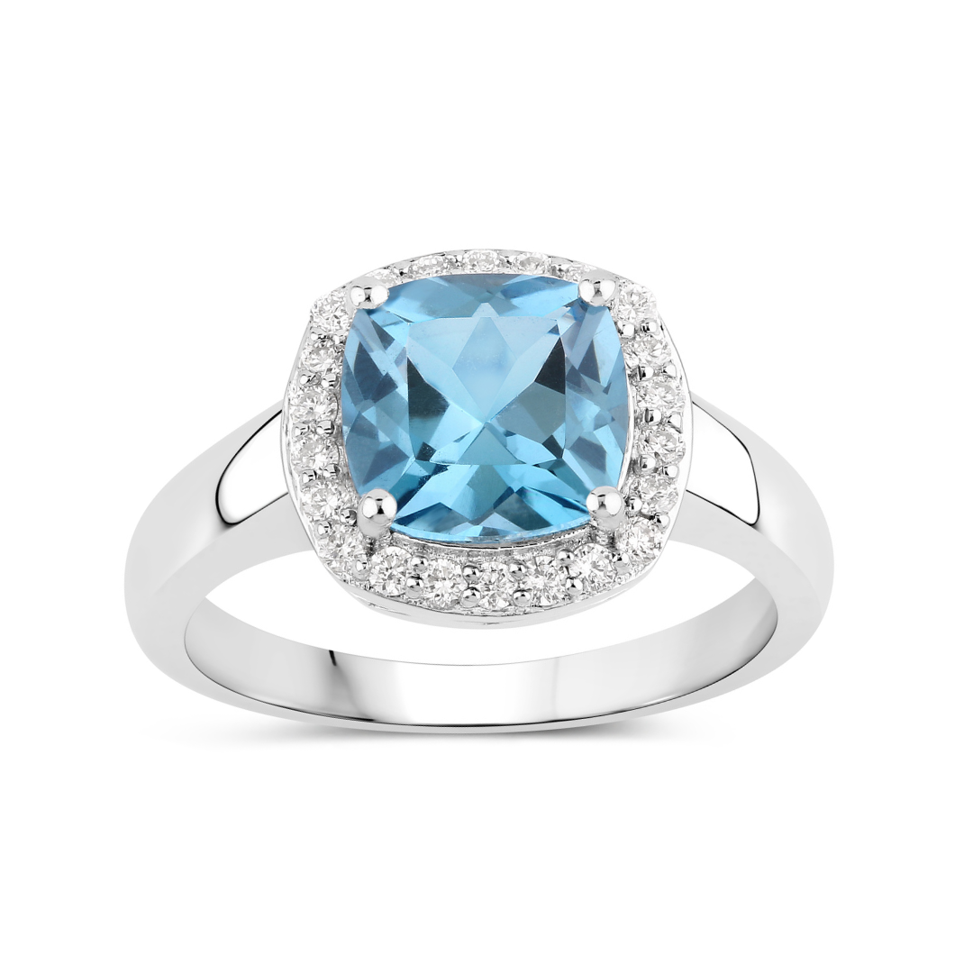 Natural London Blue Topaz and Diamond Cushion Cut Ring