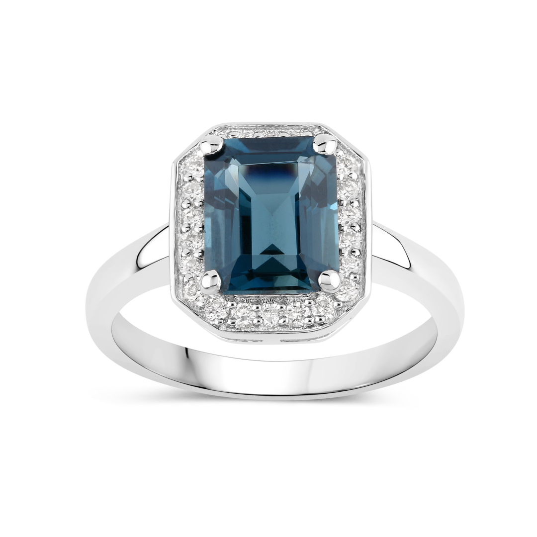 Natural London Blue Topaz and Lab Diamond Halo Ring