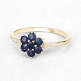 10K Yellow Gold Blue Sapphire Floral Ring with White Diamonds