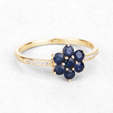 10K Yellow Gold Blue Sapphire Floral Ring with White Diamonds