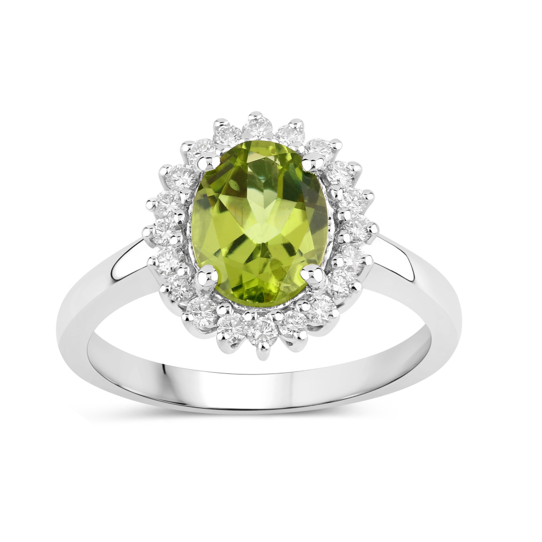 Natural Peridot and Lab Diamond Halo Ring