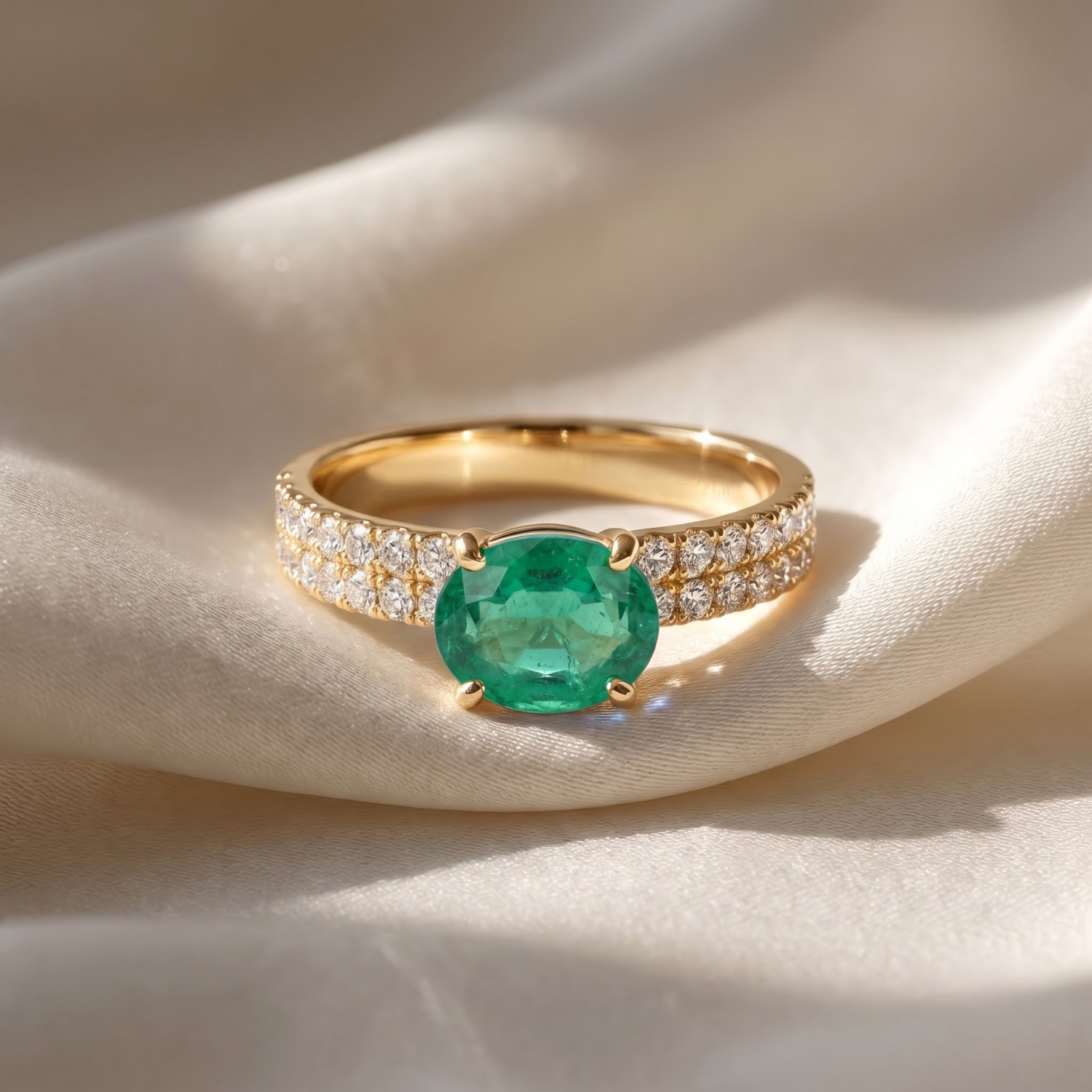 1.46 CTTW Oval Gemstone Double Row Pave Band 14k Yellow Gold Engagement Ring
