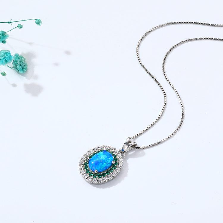 Blue Opal Oval Halo Necklace - FineColorJewels