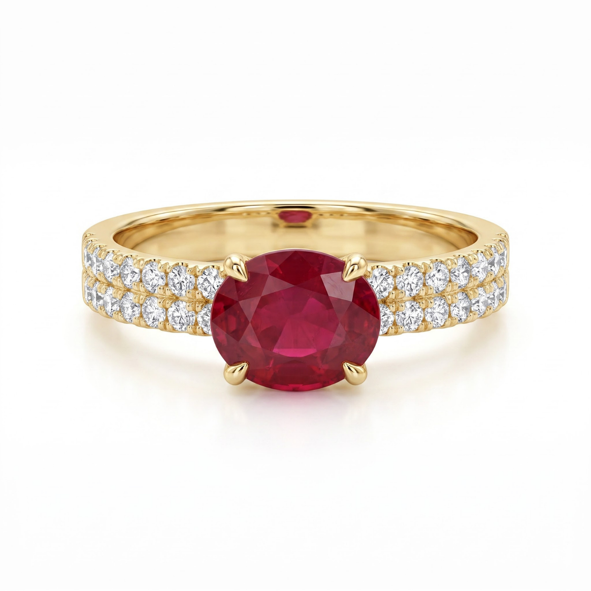 1.46 CTTW Oval Gemstone Double Row Pave Band 14k Yellow Gold Engagement Ring