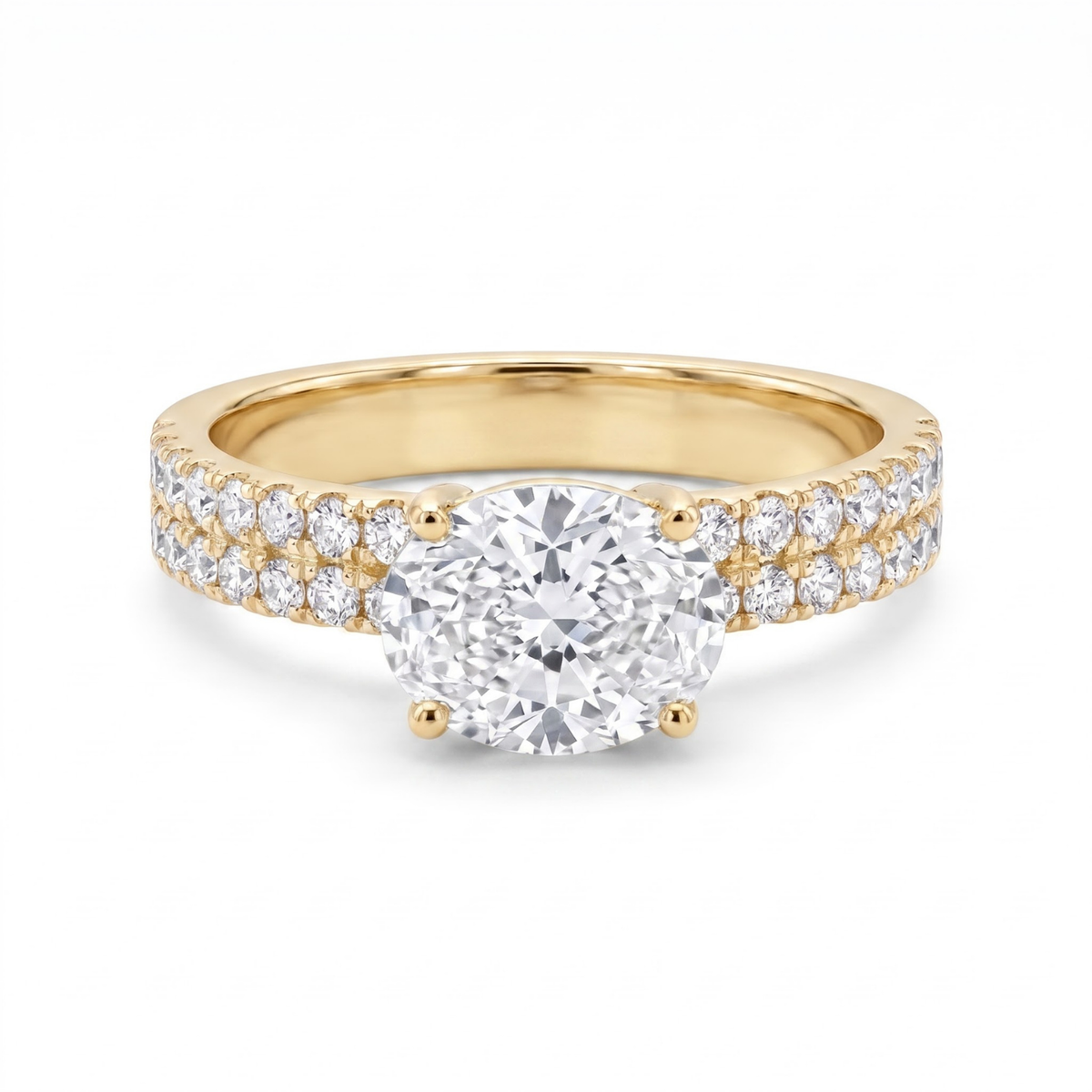 1.46 CTTW Oval Gemstone Double Row Pave Band 14k Yellow Gold Engagement Ring