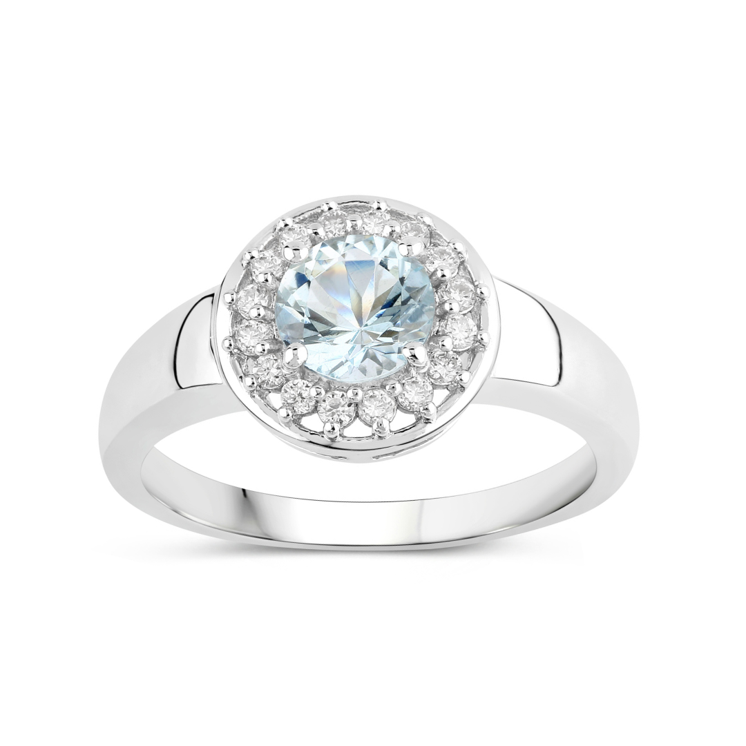 Natural Aquamarine and Lab Diamond Halo Ring