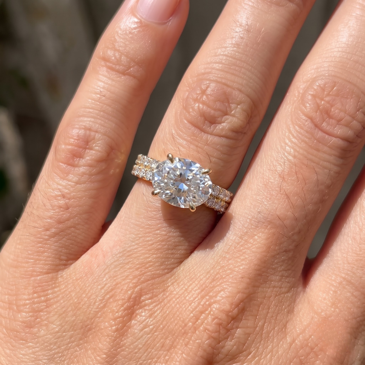 1.46 CTTW Oval Gemstone Double Row Pave Band 14k Yellow Gold Engagement Ring