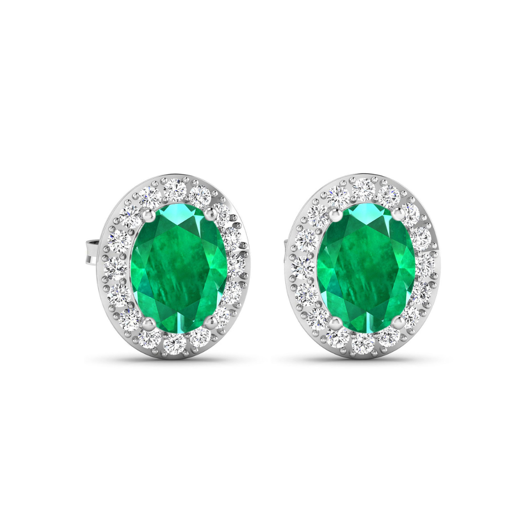 Genuine Zambian Emerald and White Diamond Studs Earrings