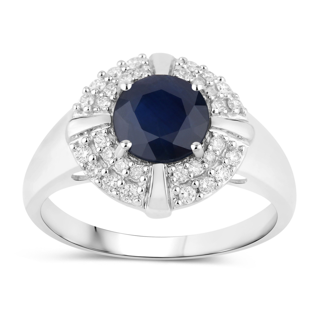 Genuine 10K Blue Sapphire and White Diamond Halo Ring