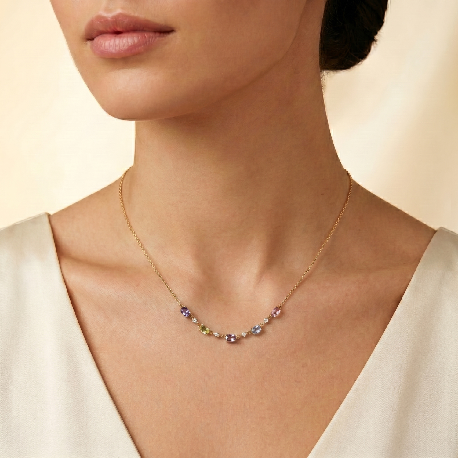 IGI Certified 1.80 Ct Multi Color Unheated Sapphire and Diamond 14K Yellow Gold Curved Necklace