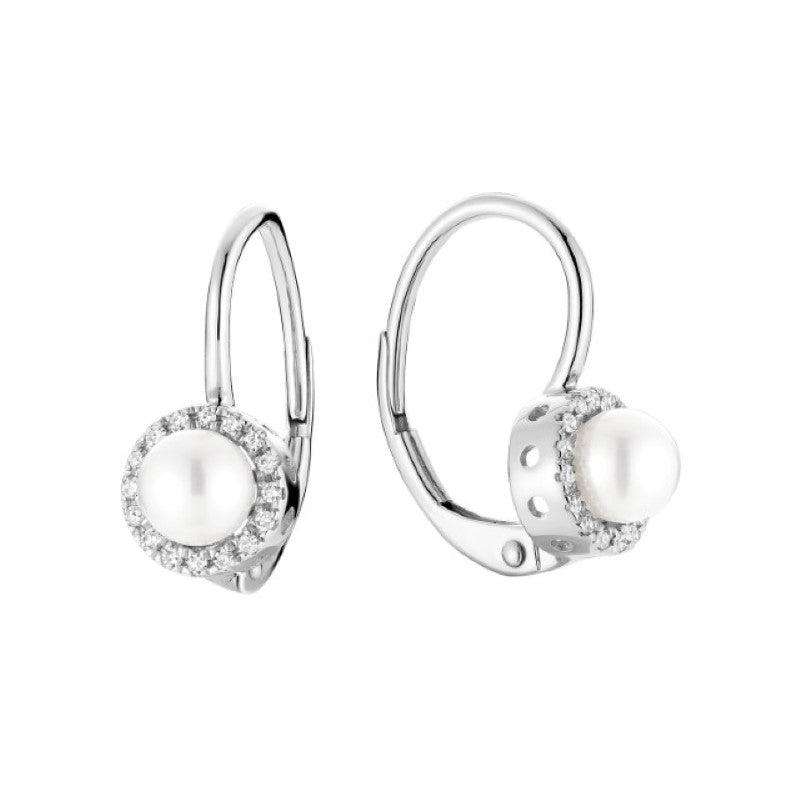 10k Gold Cultured Pearl & Natural Diamonds Halo Dangle Earrings