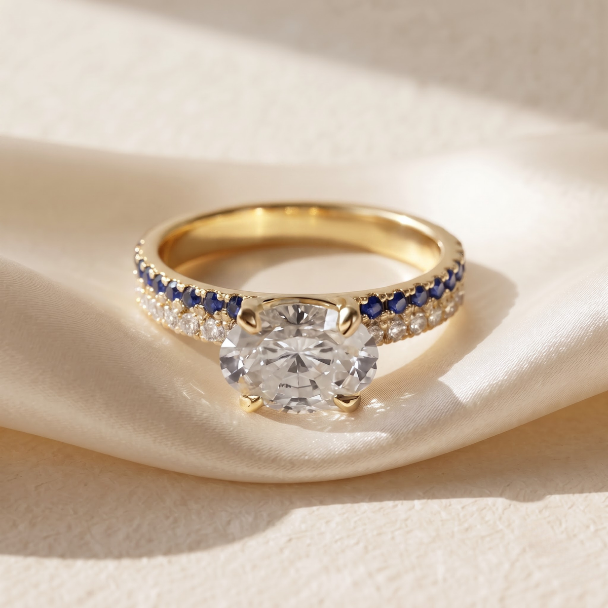 1.46 CTTW Oval Lab Grown Diamond Double Row Pave Band 14k Yellow Gold Engagement Ring