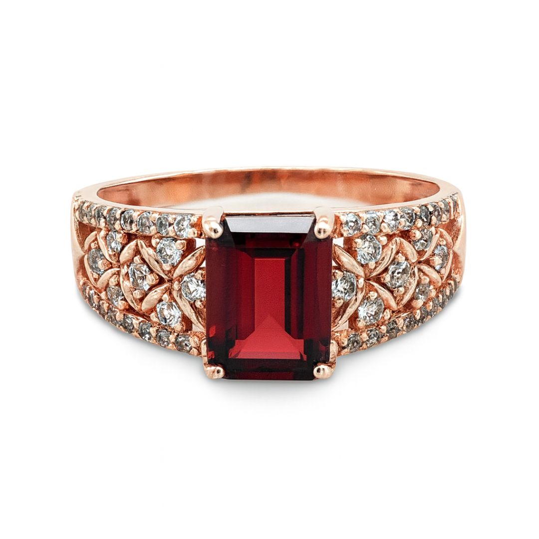 Emerald Cut Garnet and White Topaz Silver Ring