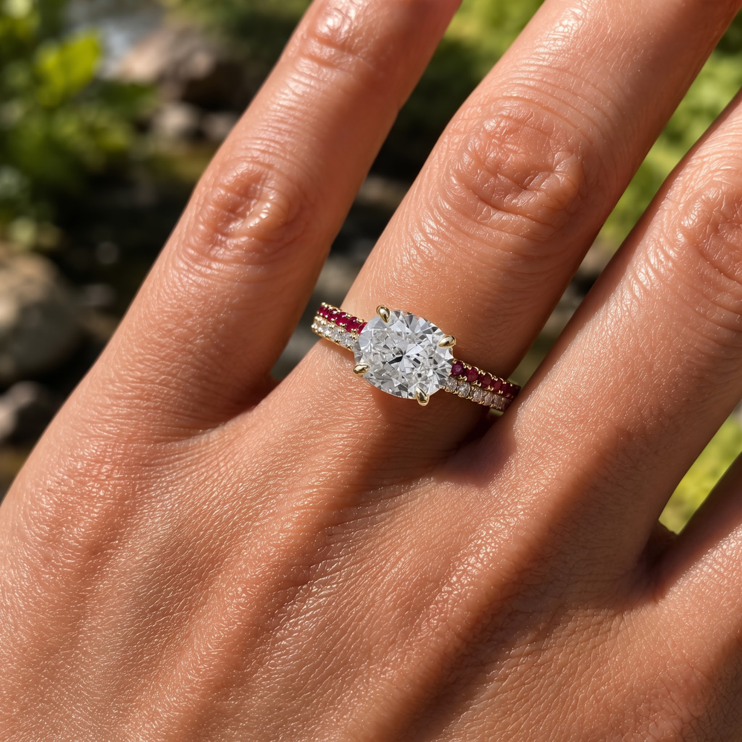 1.46 CTTW Oval Lab Grown Diamond Double Row Pave Band 14k Yellow Gold Engagement Ring