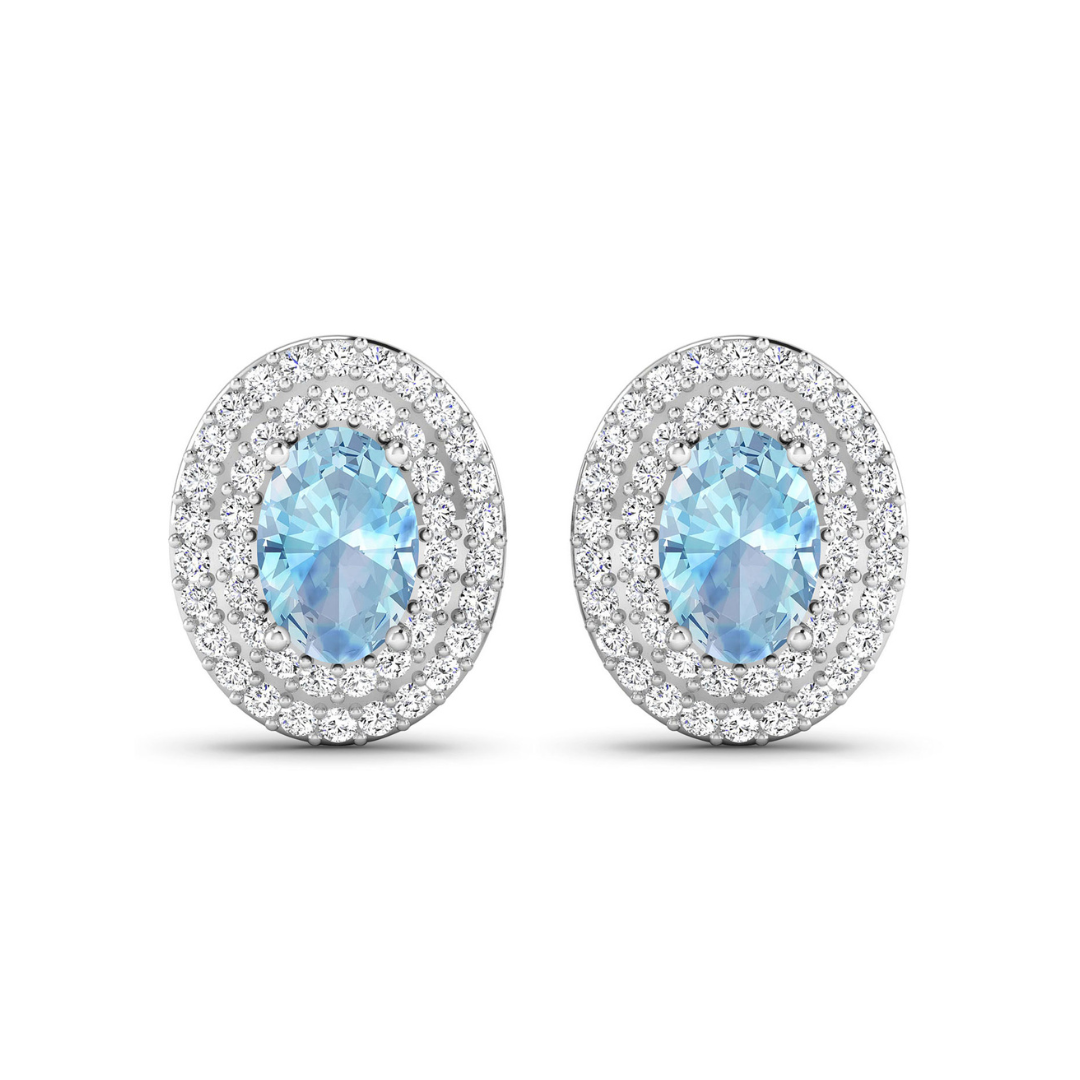 Genuine Aquamarine and Diamond Halo Stud Earrings