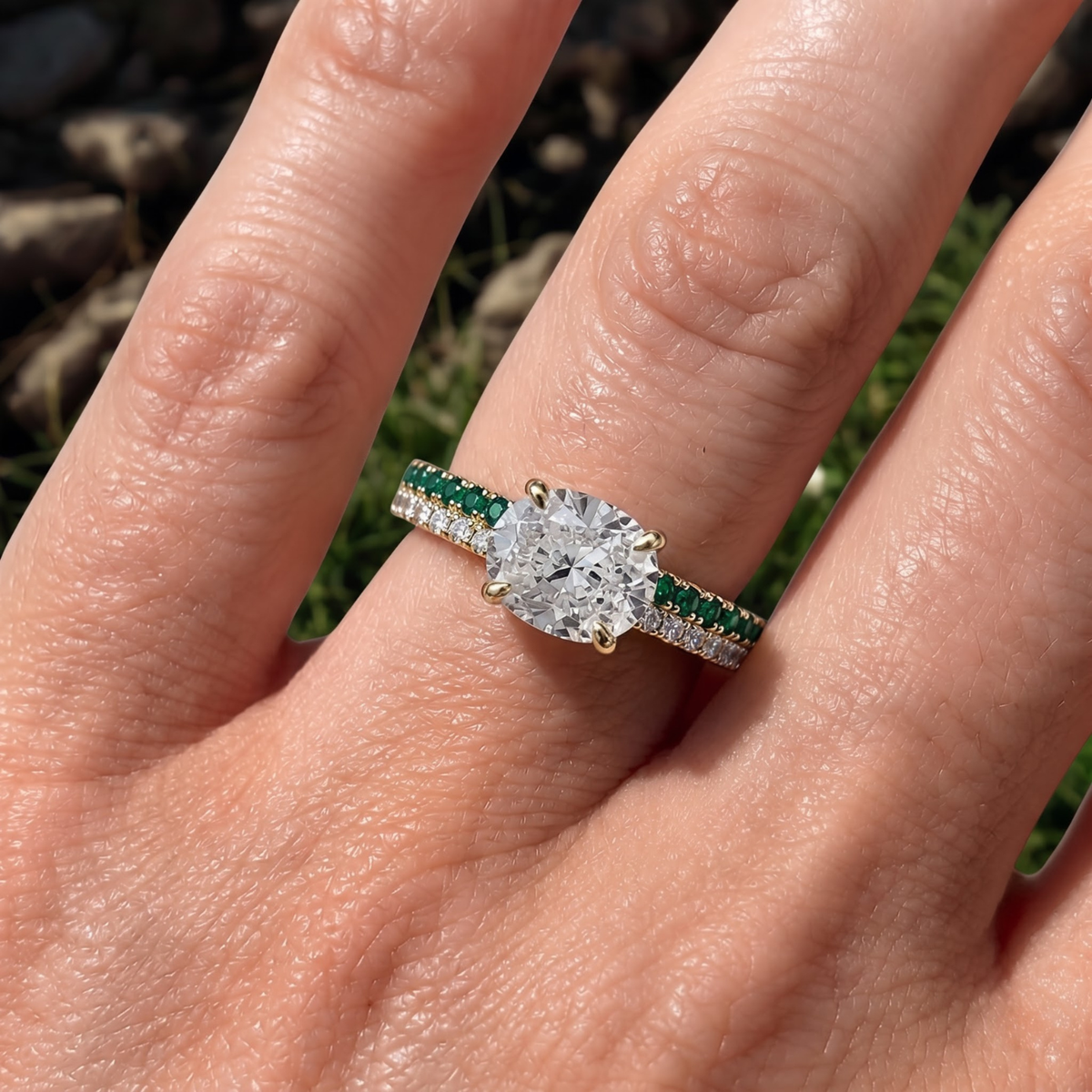 1.46 CTTW Oval Lab Grown Diamond Double Row Pave Band 14k Yellow Gold Engagement Ring