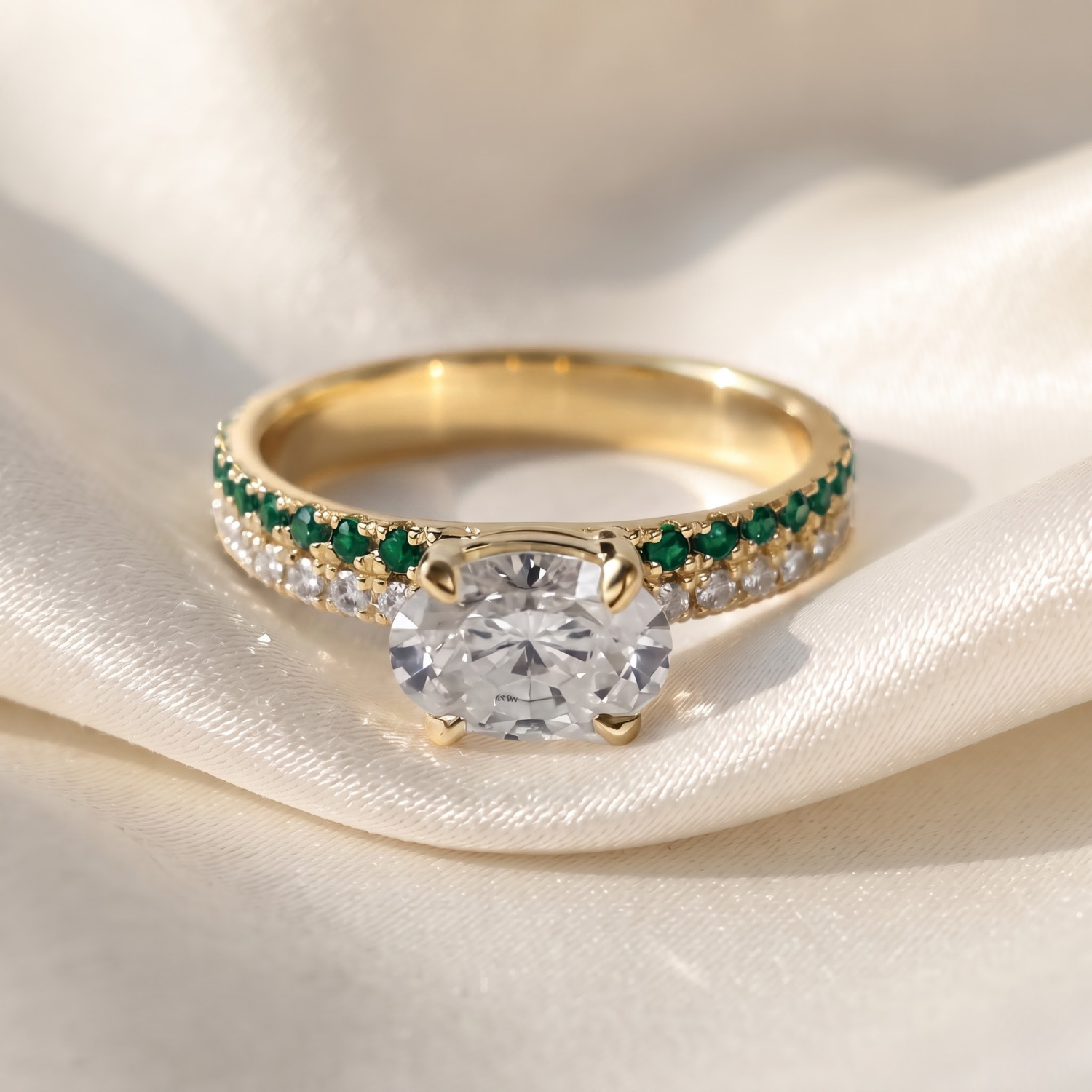 1.46 CTTW Oval Lab Grown Diamond Double Row Pave Band 14k Yellow Gold Engagement Ring