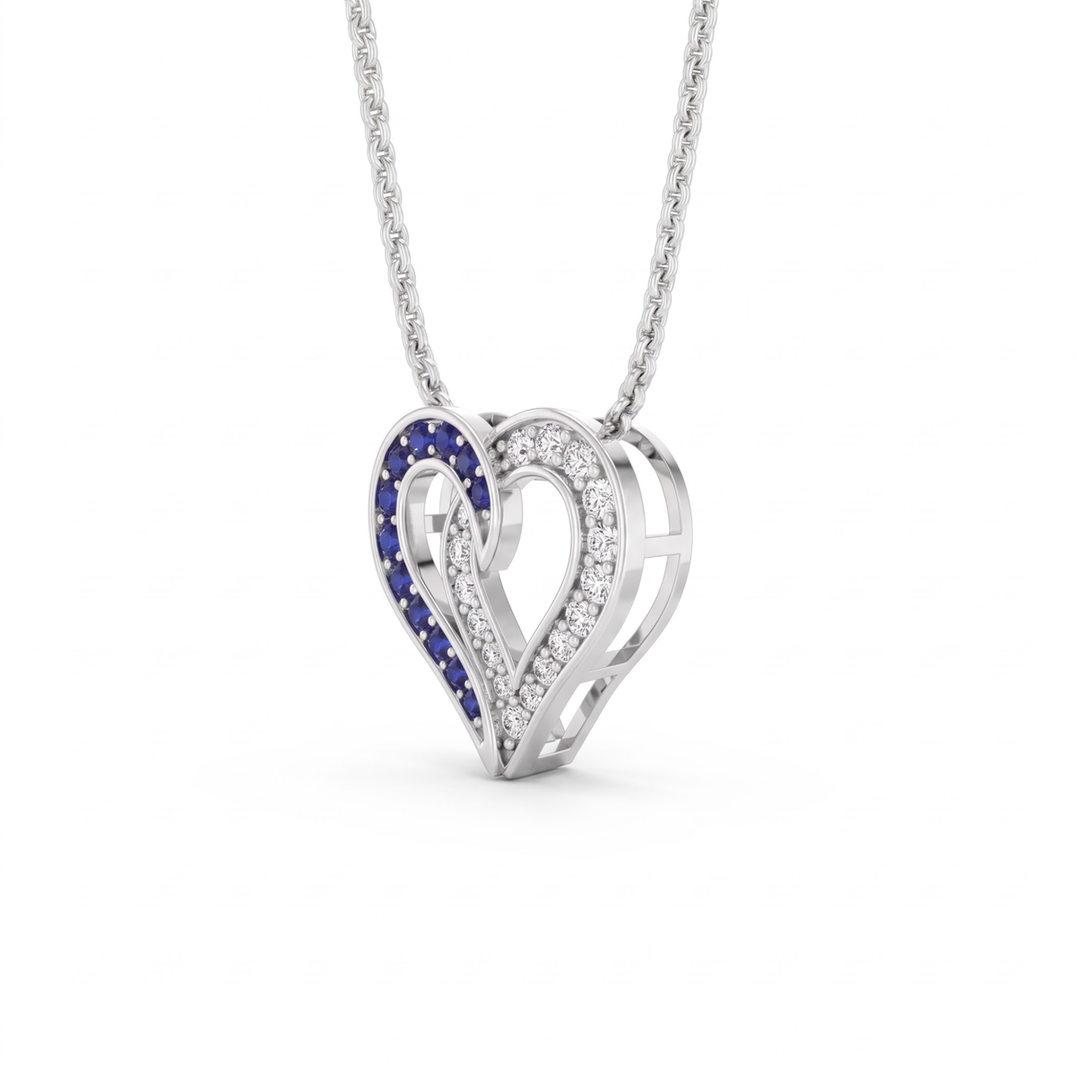 0.64 Cttw Round Sapphire and Lab Grown Diamond 14K Gold Pave Open Heart Pendant Necklace