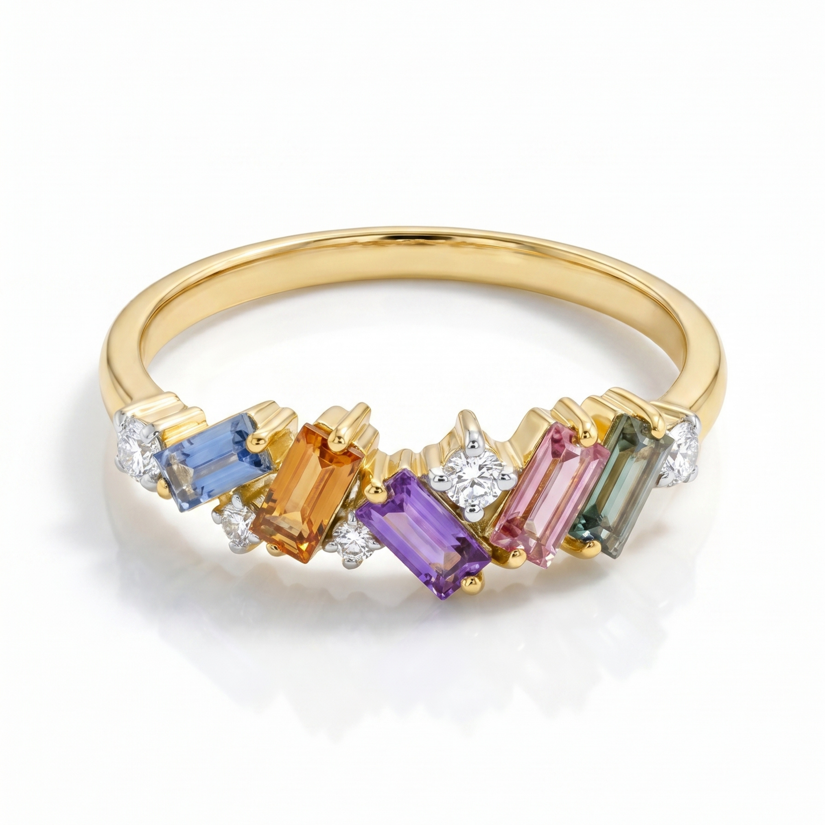 IGI Certified 0.65 Ct Baguette Multi Color Unheated Sapphire and Diamond 14K Yellow Gold Engagement Half Eternitiy Ring