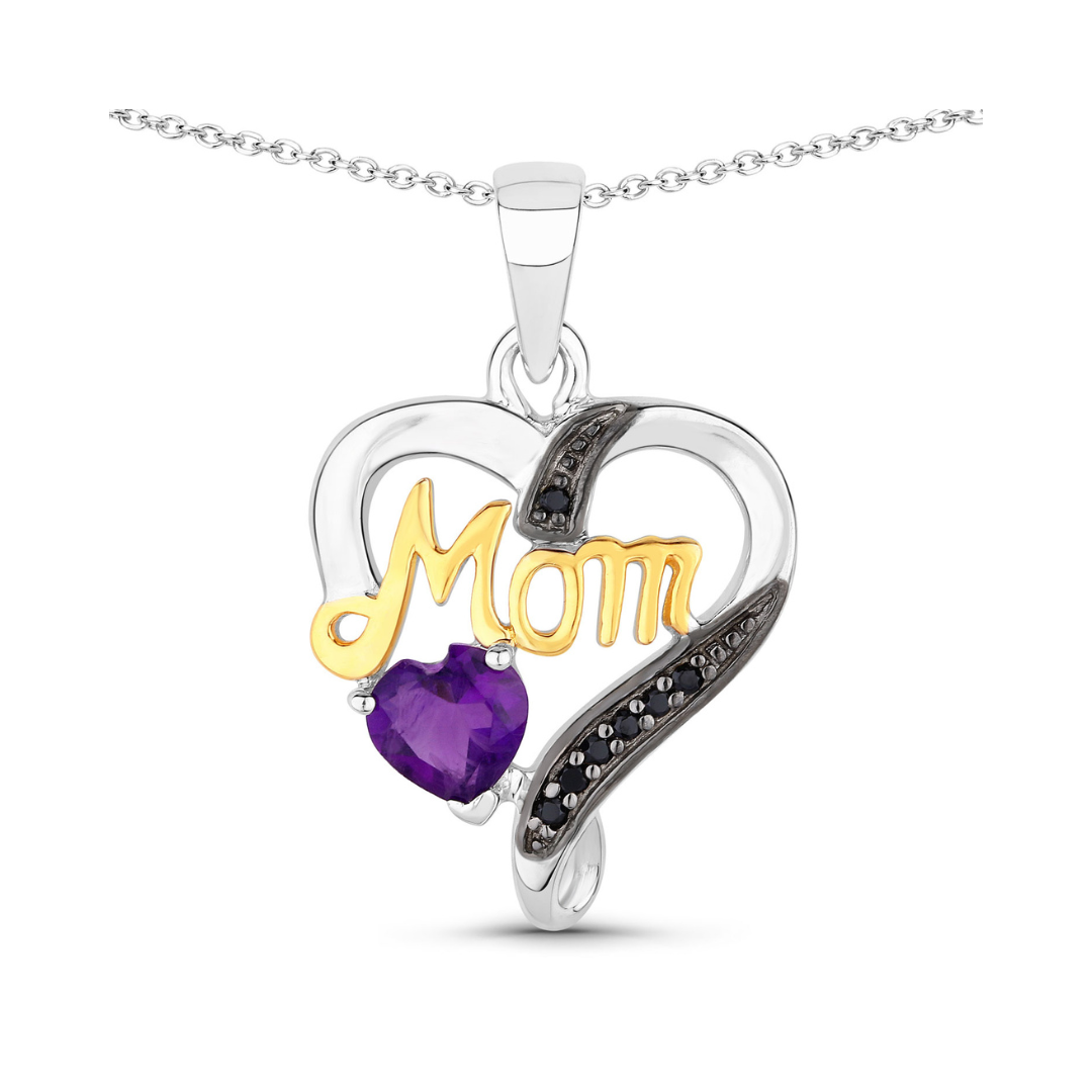 Genuine Amethyst Double Heart Mom Pendant Necklace